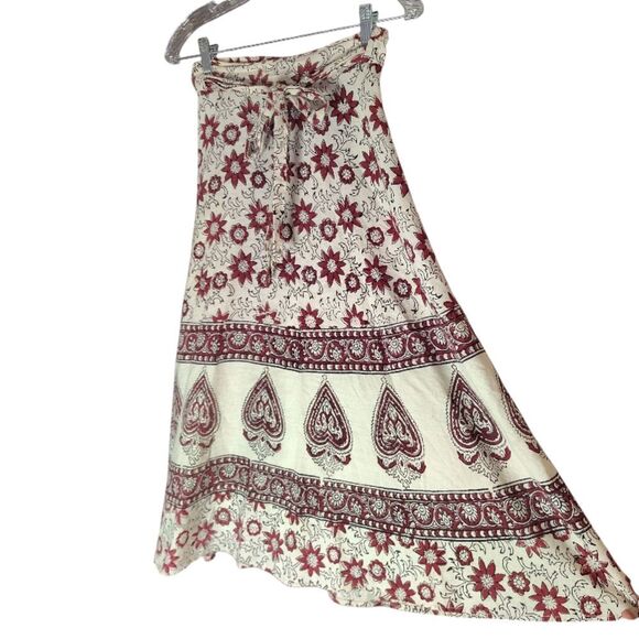 VTG India Cotton Off White Red Floral Block Print Midi Wrap Skirt *XS- Med - Picture 7 of 16